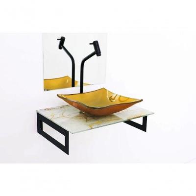 Gabinete 50cm Mármore Branco Dourado+Torneira Metal Preta