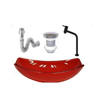 Cuba Oval 46cm Vermelho+Valvula+Torneira Metal Preta+Sifao