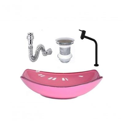 Cuba De Vidro Oval 46cm Rosa + Valvula+Torneira Preta +Sifao