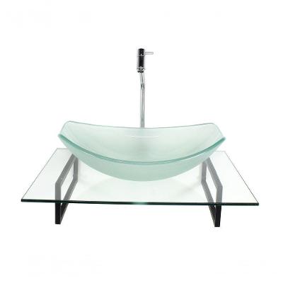 Cuba De Vidro Oval Chanfrada Com Tampo 60cm E Suporte Preto