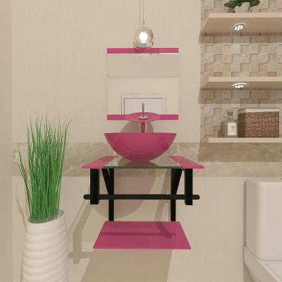 Kit Gabinete de Vidro 40 cm Cuba e Torneira Monocomando Rosa