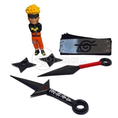 Kit Boneco Naruto 15Cm + 2 Shuriken + 1 Bandana + 2 Kunai