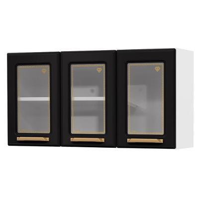 Armário De Cozinha Aço Aéreo Triplo C/ Vidro Telasul Diamante Bco/preto