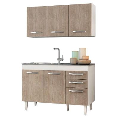 Armário Aéreo e Balcão com Pia Inox 120cm Branco e Castanho