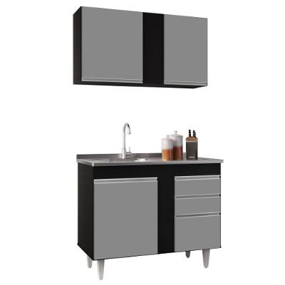Armário Aéreo Indiana E Balcão Gabinete 100cm Com Pia Inox Luziania Preto/cinza- Lumil
