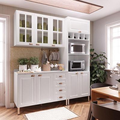 Armário De Cozinha Compacta 3 Peças Com Tampo E Vidro Cristal Luciane Móveis Branco Polar Com Branco Pet E Marmore