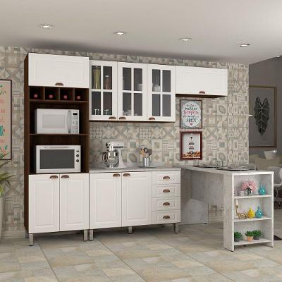Armário De Cozinha Compacta 4 Peças Com Tampo E Bancada Agatha Luciane Móveis Nogueira Dourado C/ Branco Pet E Marmore