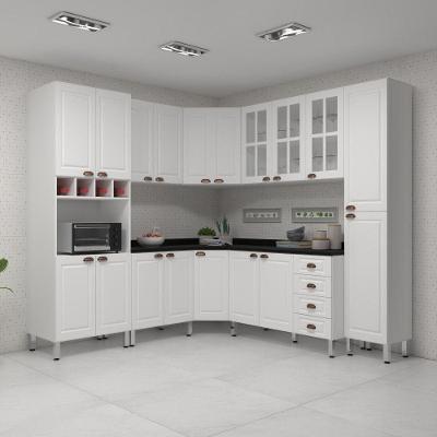Armário De Cozinha Completa 8 Peças Com Tampos Espaço Para Forno E Vidro Cristal Luciane Móveis Branco Polar Com Branco Pet E Preto
