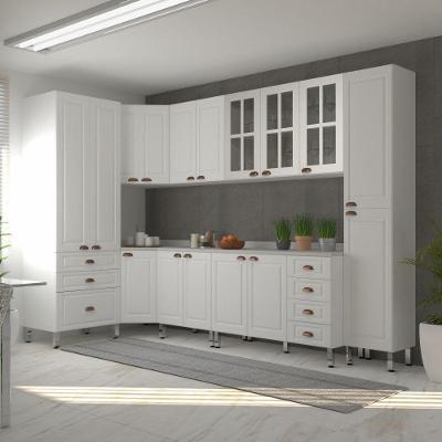 Armário De Cozinha Completa 8 Peças Com Tampos E Vidro Cristal Luciane Móveis Branco Polar Com Branco Pet E Marmore