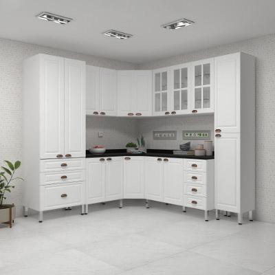 Armário De Cozinha Completa 8 Peças Com Tampos E Vidro Cristal Luciane Móveis Branco Polar Com Branco Pet E Preto