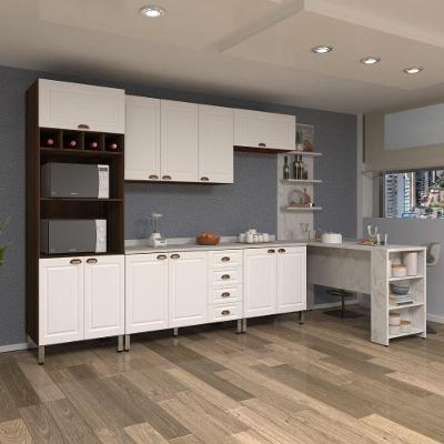 Armário De Cozinha Compacta 5 Peças Com Tampo Bancada E Espaço Para Forno Safira Luciane Móveis Nogueira Dourado C/ Branco Pet E Marmore