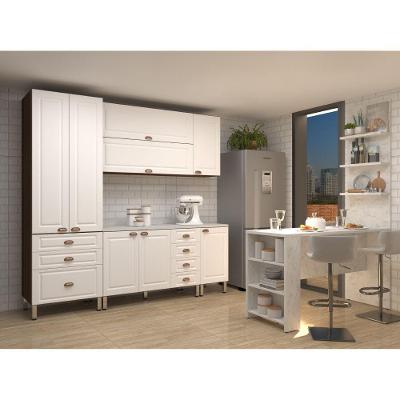 Armário De Cozinha Completa 5 Peças Com Tampo E Bancada Com Painel Safira Luciane Móveis Nogueira Dourado C/ Branco Pet E Marmore