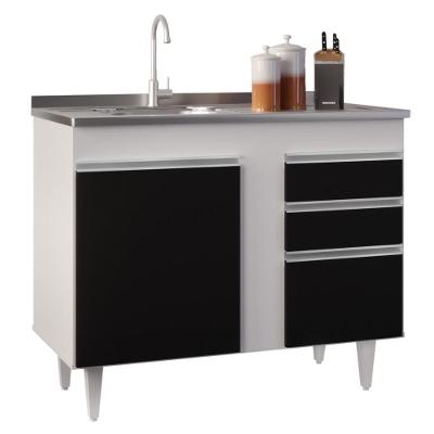 Balcão Gabinete 100cm 3 Portas 2 Gavetas Branco/Preto