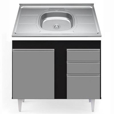 Balcão Com Pia Inox 100cm 3 Portas 2 Gavetas Preto/Cinza