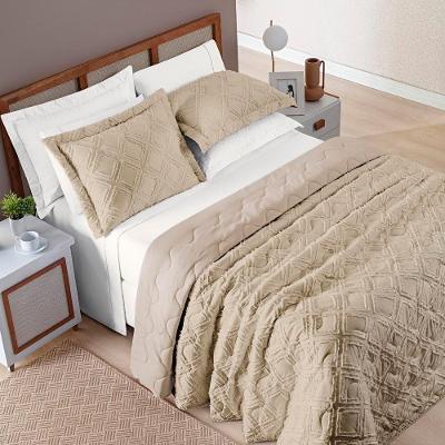 Kit Cobre Leito Colcha Katarine Queen 03 Peças Dupla Face Micropercal 300 Fios Detalhado - Cáqui