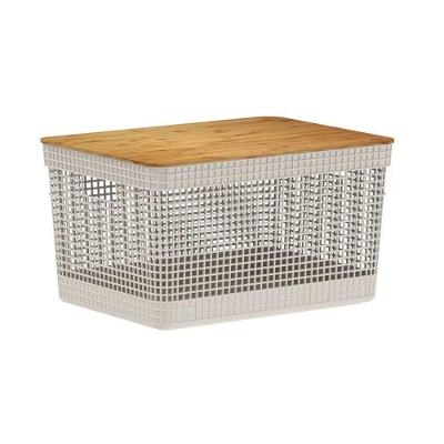 Cesto Organizador Grid Bege 20 L Com Tampa De Bambu 39 X 29 X 22,6 Cm