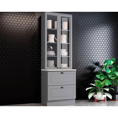Paneleiro de Cozinha Modulado Cristaleira Americana c/ 2 Portas (2 c/Vidro) c/ 2 Gavetas 71.5cm Cinza - Henn