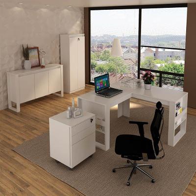 Escritório Completo Com Mesa Angular Armário Alto Balcão E Gaveteiro Moon Mdp Branco