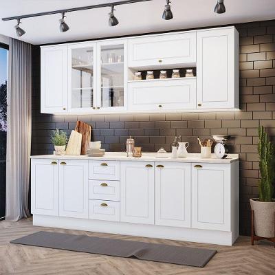 Cozinha Compacta 7 Peças C/ Aéreo 3 Portas Com Vidro Branco
