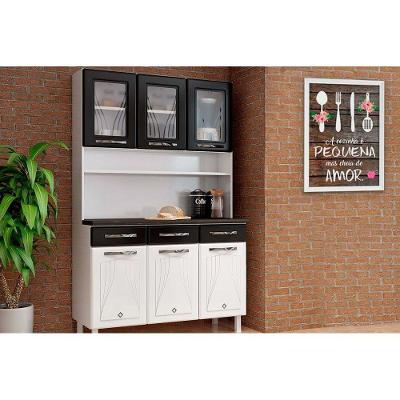 Kit de Cozinha Compacta Star New c/ 6 Portas (3 c/ Vidro) e 3 Gavetas 120cm Branco/Preto - Telasul