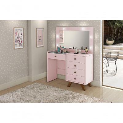 Penteadeira Rosa Luna 5 Gavetas Led Espelho Pés Madeira