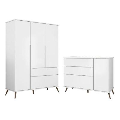 Kit Quarto Infantil Guarda Roupa 3 Portas e Cômoda Branco