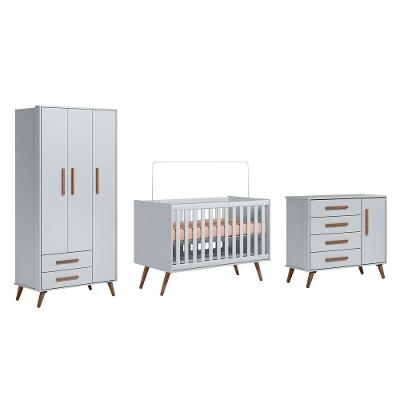 Berço Mini Cama + Guarda Roupa Infantil 3 Portas + Comoda Sapateira Retro - Cinza