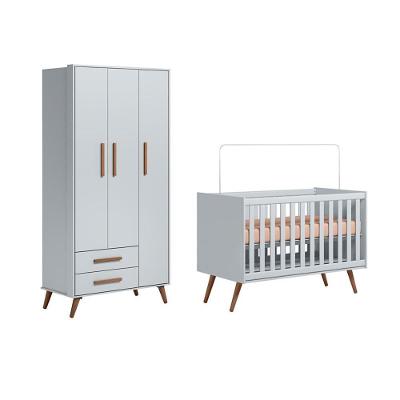 Quarto Infantil Encanto Retrô Com Berço E Guarda Roupa 3 Portas Cinza - Fdecor