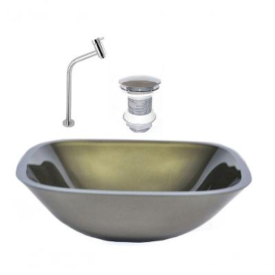 Cuba de Vidro Quadrada 35cm Ouro + Valvula + Torneira