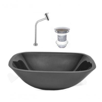 Cuba de Vidro Quadrada 35cm Preto + Valvula + Torneira Metal