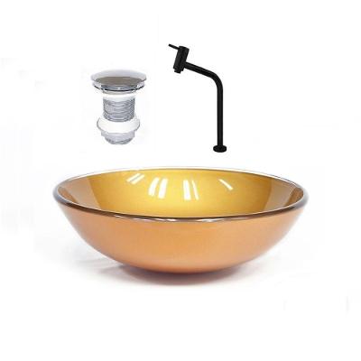 Cuba de Vidro 42cm Dourado Real + Valvula + Torneira Preta