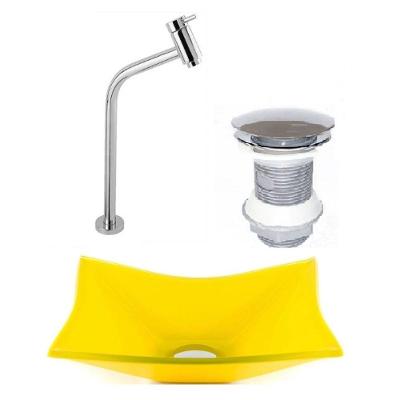 Cuba de Vidro Retangular 39cm Amarela + Válvula + Torneira
