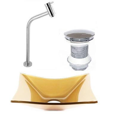Cuba de Vidro Retangular 39cm Dourado + Valvula + Torneira