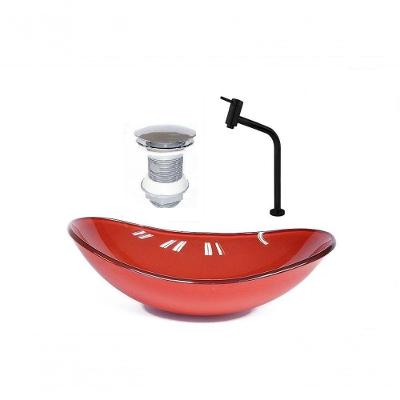 Cuba de Vidro Oval 47cm Vermelho + Valvula + Torneira Preta