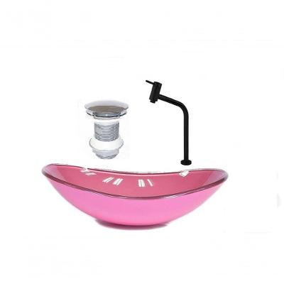 Cuba de Vidro Oval 47cm Rosa + Valvula + Torneira Preta