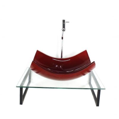 Kit Cuba De Vidro Retangular 10mm Vermelho Cereja Tampo 50cm Incolor Com Suporte Torneira Valvula