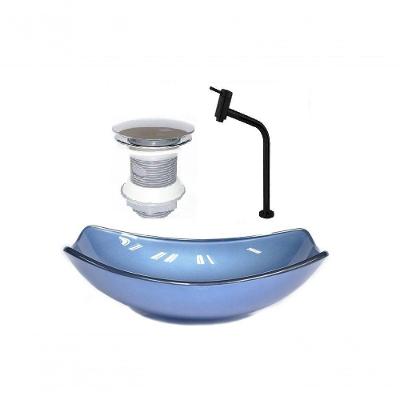 Cuba de Vidro Chanfrada 46cm Azul + Valvula + Torneira Preta