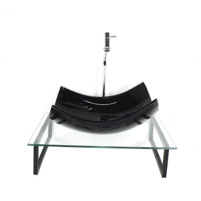 Kit Cuba De Vidro Retangular 10mm Preta Tampo 50cm Incolor Com Suporte Torneira Valvula
