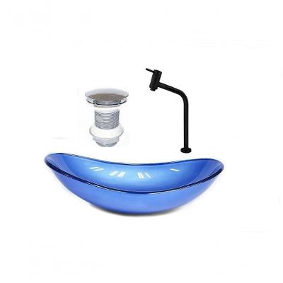Cuba de Vidro Oval 47cm Azul Escuro + Valvula + Torneira Preta