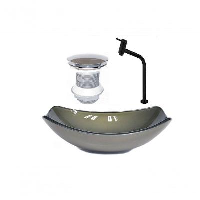 Cuba de Vidro Oval 46cm Ouro + Valvula + Torneira Preta