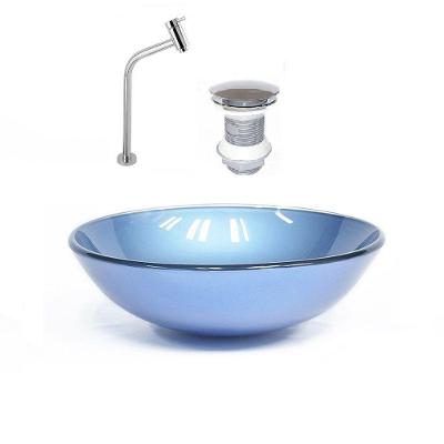 Cuba de Vidro Redonda 42cm Azul + Valvula + Torneira Cromada