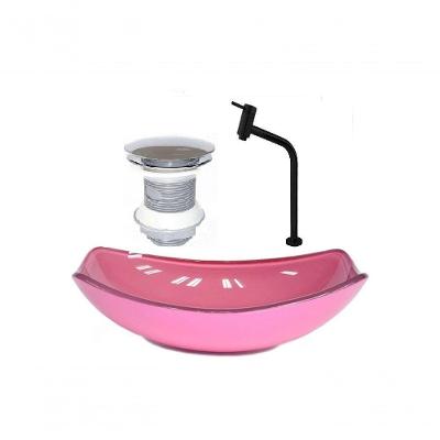 Cuba de Vidro Oval 46cm Rosa + Valvula + Torneira Preta