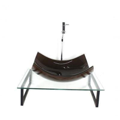 Kit Cuba De Vidro Retangular 10mm Marrom Com Tampo 50cm Incolor E Suporte Preto