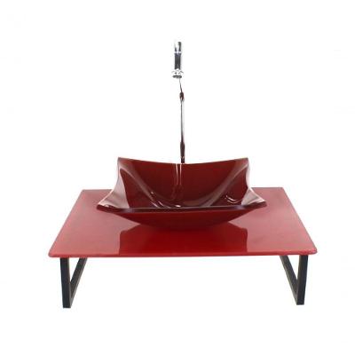 Kit Cuba De Vidro Quadrada 10mm Tampo 50cm Vermelho Cereja Full Com Suporte Torneira Valvula