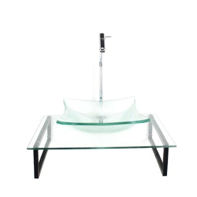 Kit Cuba De Vidro Quadrada 10mm Tampo 50cm Incolor Com Suporte Torneira Valvula