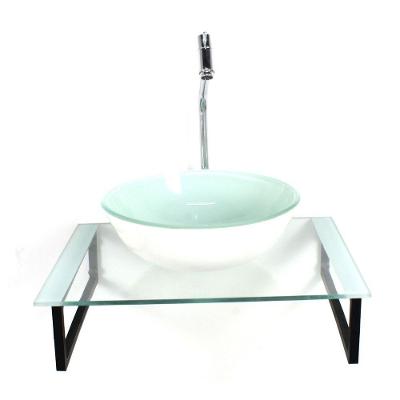 Kit Cuba De Vidro Redonda 10mm Tampo 50cm Branco Com Suporte Torneira Valvula