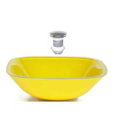 Cuba de Vidro Quadrada 35cm Amarela + Valvula Click
