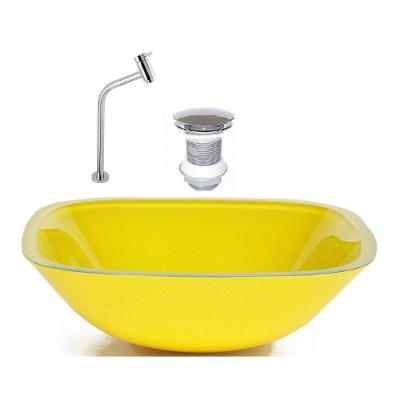 Cuba de Vidro Quadrada 35cm Amarela + Valvula + Torneira