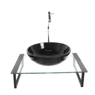 Kit Cuba De Vidro Redonda 10mm Tampo 50cm Preto Com Suporte Torneira Valvula