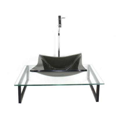 Kit Cuba De Vidro Quadrada 10mm Ouro Envelhecido Tampo 50cm Incolor Com Suporte Torneira Valvula